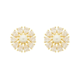 Brinco Flor Pérola e Zircônias Banhado a Ouro