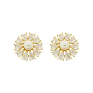 Brinco Flor Pérola e Zircônias Banhado a Ouro