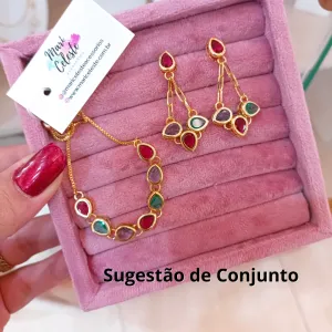 Brinco 4 Gotas de Zircônias Coloridas Banhada a Ouro