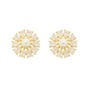 Brinco Flor Pérola e Zircônias Banhado a Ouro