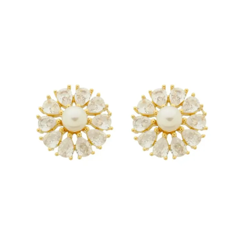 Brinco Flor Pérola e Zircônias Banhado a Ouro