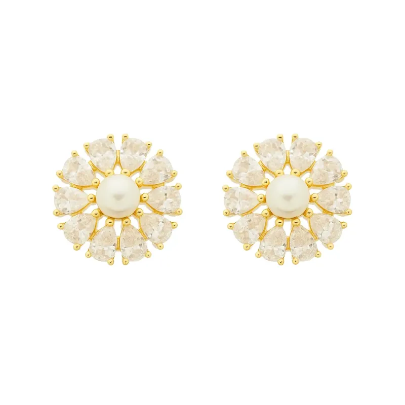 Brinco Flor Pérola e Zircônias Banhado a Ouro