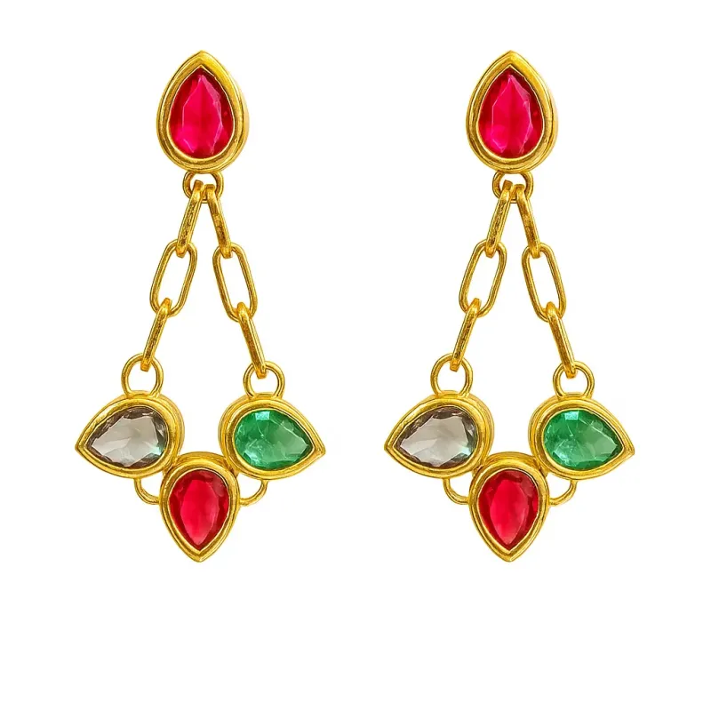 Brinco 4 Gotas de Zircônias Coloridas Banhada a Ouro