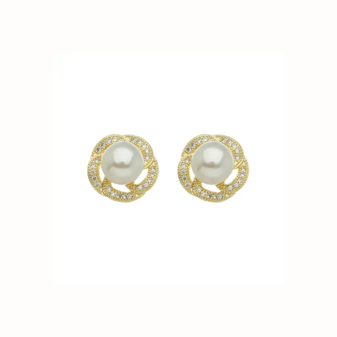Brinco Flor Pérola 8mm e Zircônia Banhado a Ouro