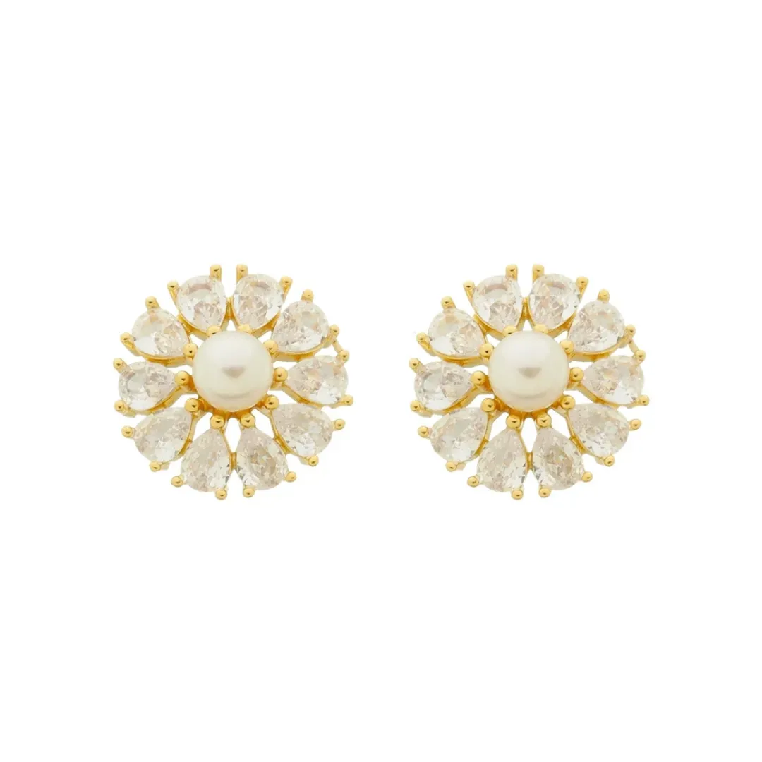 Brinco Flor Pérola e Zircônias Banhado a Ouro