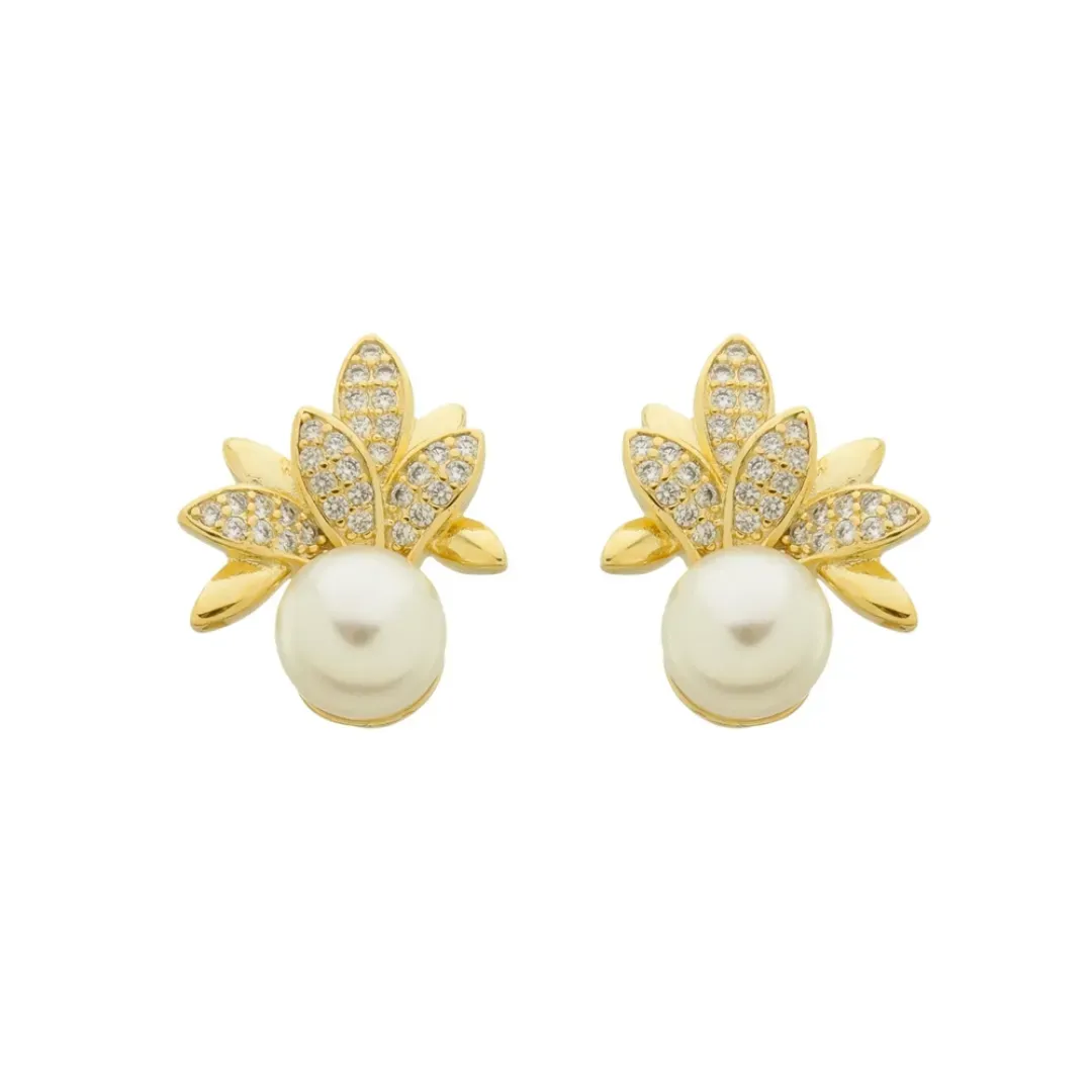Brinco Folhas Pérola e Zircônias Banhado a Ouro