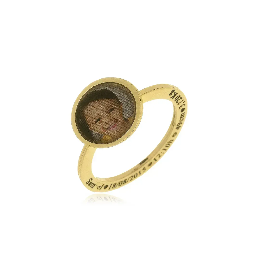Anel Personalizado Foto e Escritas Banhado a Ouro
