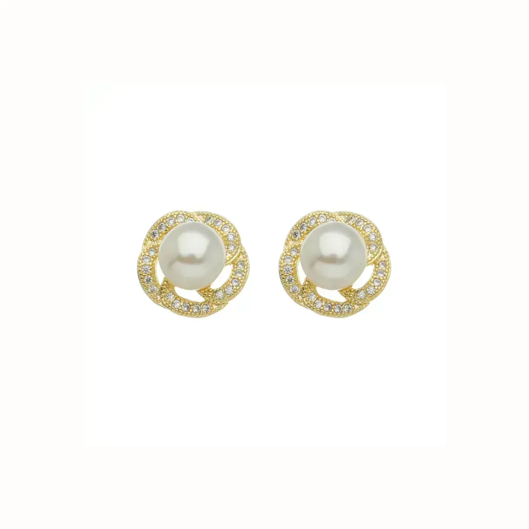 Brinco Flor Pérola 8mm e Zircônia Banhado a Ouro