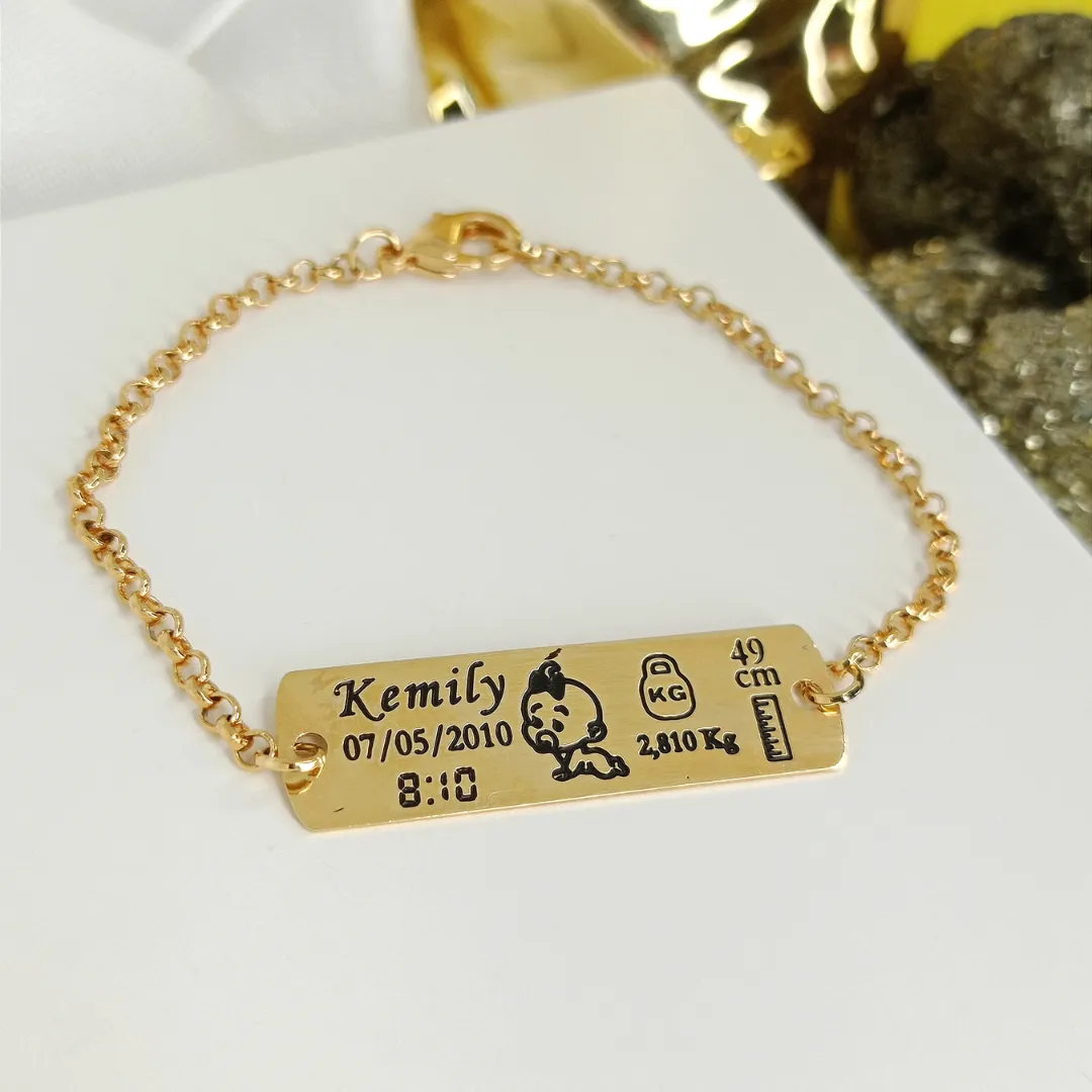 Pulseira Personalizada Infantil Relato de Parto Banhada a Ouro