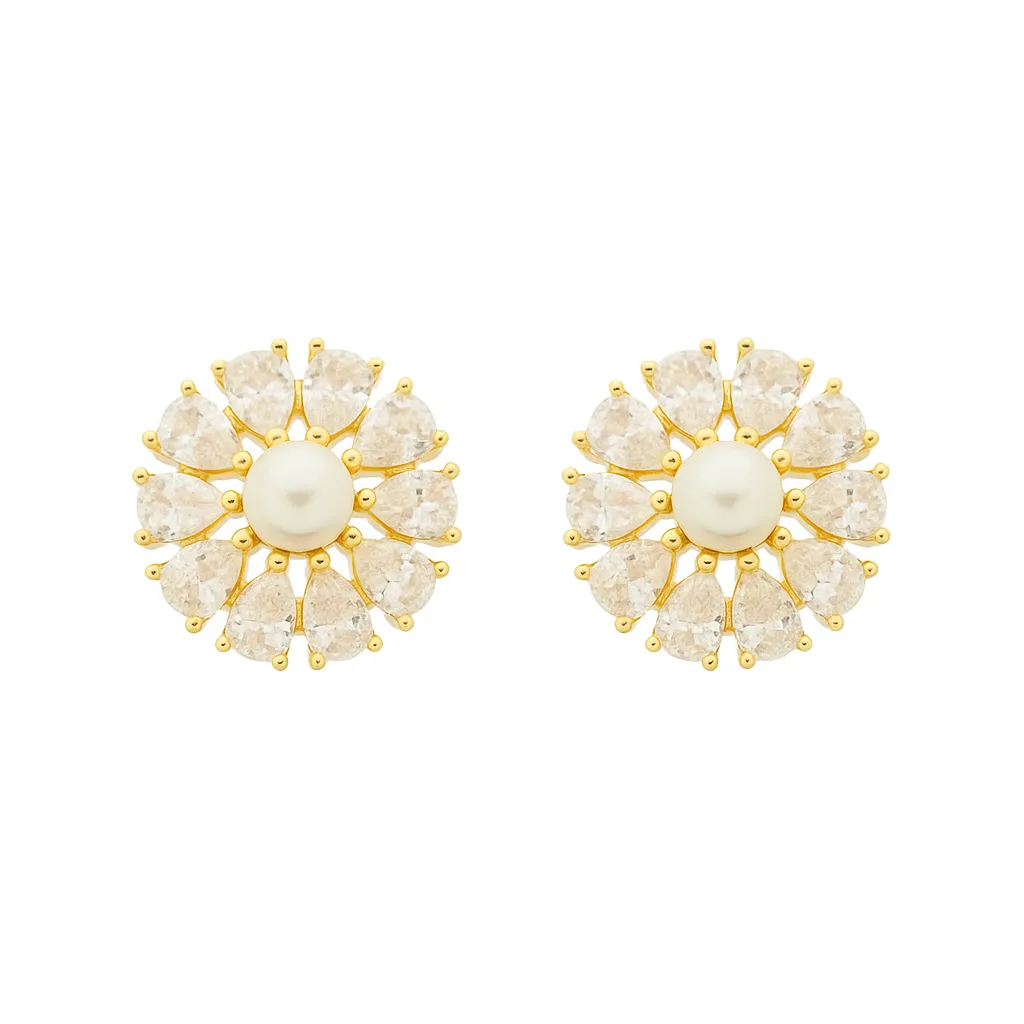 Brinco Flor Pérola e Zircônias Banhado a Ouro