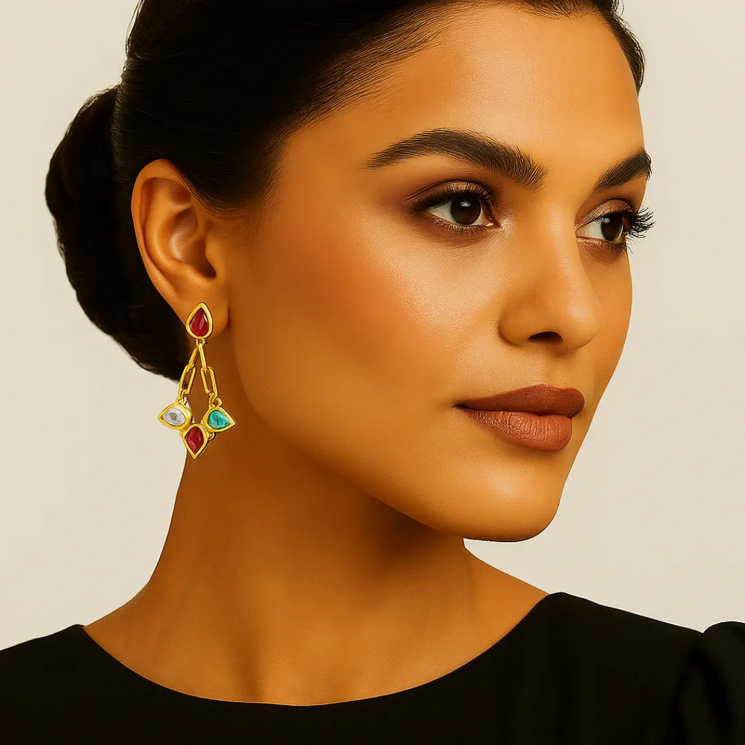 Brinco 4 Gotas de Zircônias Coloridas Banhada a Ouro