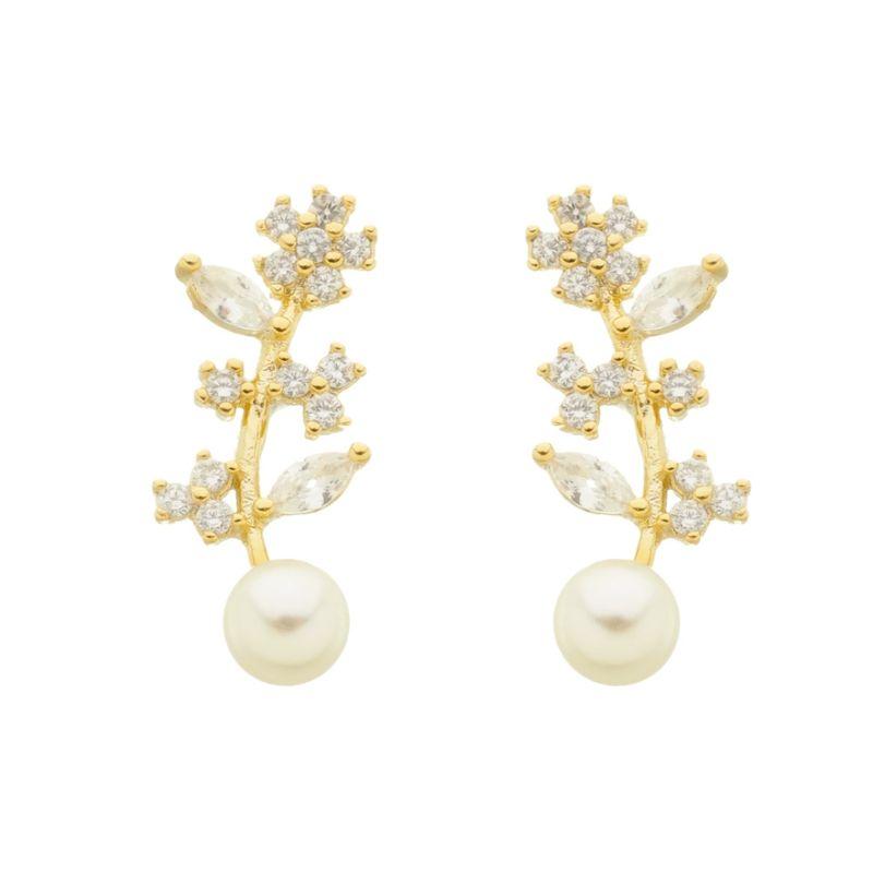 Brinco Flor Pérola e Zircônias Banhado a Ouro